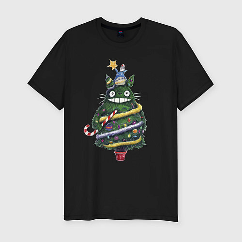 Мужская slim-футболка Тоторо - Новогодняя ёлка / Черный – фото 1
