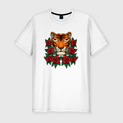 Мужская slim-футболка Тигр в розах