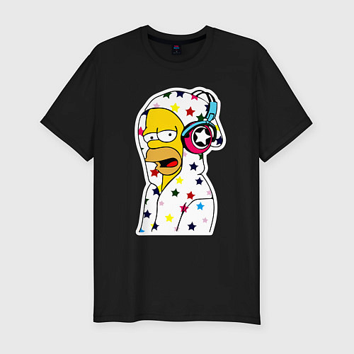 Мужская slim-футболка Гомер Симпсон в звёздном балахоне и в наушниках / Черный – фото 1