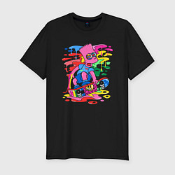 Мужская slim-футболка Барт Симпсон - крутой скейтер - разноцветные клякс