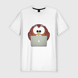 Мужская slim-футболка Сова сидит за ноутбуком