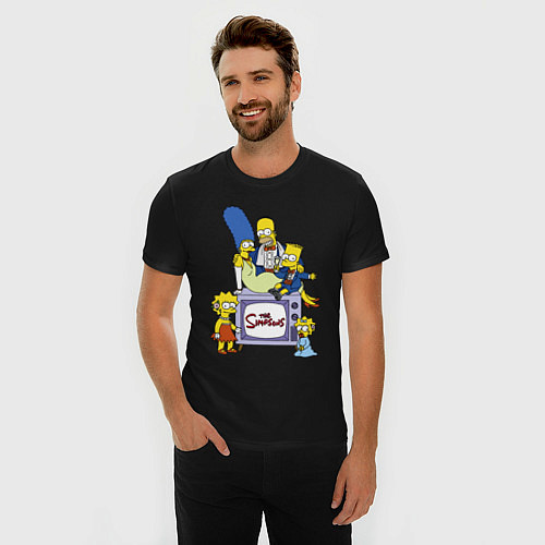 Мужская slim-футболка Семейка Симпсонов в праздничных нарядах / Черный – фото 3