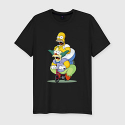 Мужская slim-футболка Гомер Симпсон и Клоун Красти едут на детском велос