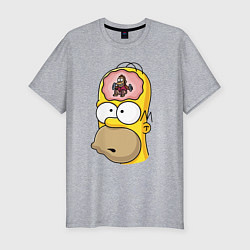 Мужская slim-футболка Мартышка бьёт в тарелки в голове Гомера Симпсона