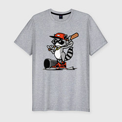 Мужская slim-футболка Крутой енот с бейсбольной битой