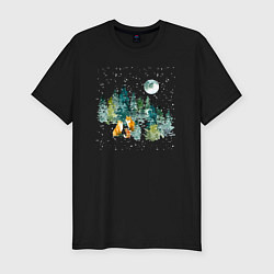 Мужская slim-футболка Зимний лес и семья лис