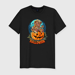 Мужская slim-футболка Halloween - Мишка на тыкве