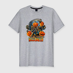 Мужская slim-футболка Тыква с косой - хэллоуин