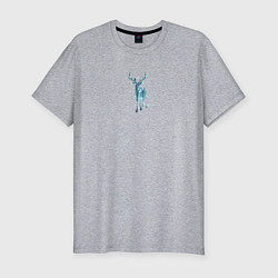 Мужская slim-футболка Зимний лес и снежинки в силуэте оленя