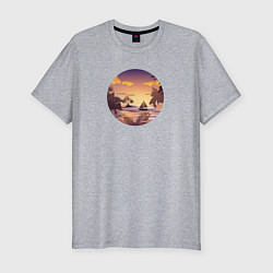 Мужская slim-футболка Тропический остров и лодка в море на закате
