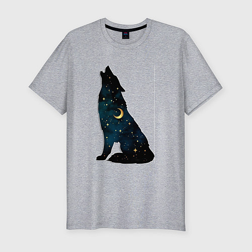 Мужская slim-футболка Wolf howling at night / Меланж – фото 1