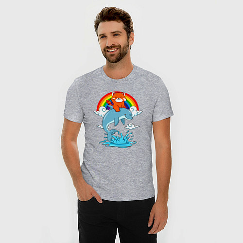 Мужская slim-футболка Красная панда верхом на дельфине / Меланж – фото 3