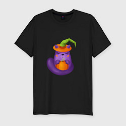 Мужская slim-футболка Кот с тыквой на Хеллоуин