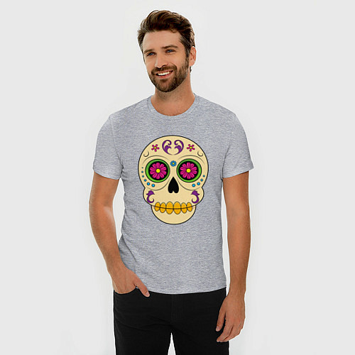 Мужская slim-футболка Череп с цветами, кругами и линиями / Меланж – фото 3