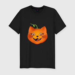 Мужская slim-футболка Рыжий кот Джек похож на тыкву, Хэллоуин