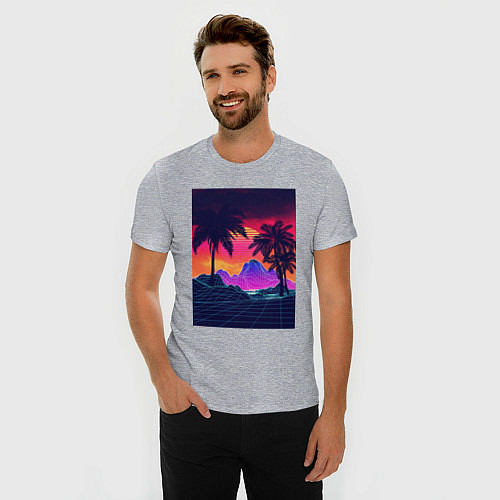 Мужская slim-футболка Синтвейв пляж и пальмы / Меланж – фото 3