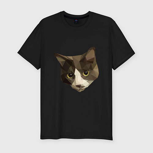 Мужская slim-футболка Полигональный котейка голова / Черный – фото 1