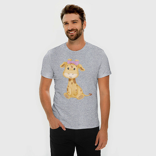 Мужская slim-футболка Милый жирафик с бантиком / Меланж – фото 3