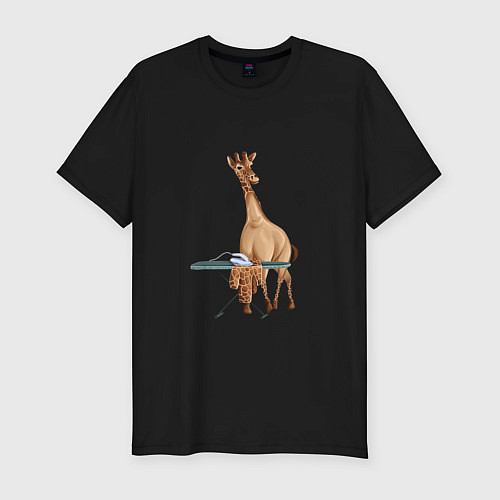 Мужская slim-футболка Жираф гладит утюгом одежду / Черный – фото 1