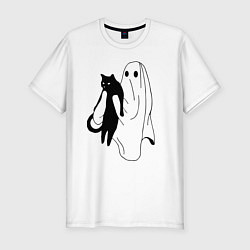 Мужская slim-футболка Призрак держит чёрного кота
