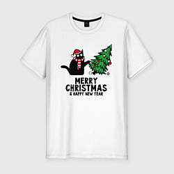 Мужская slim-футболка Кот роняет новогоднюю ёлку