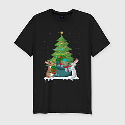 Мужская slim-футболка Кролики елка и мешок подарков