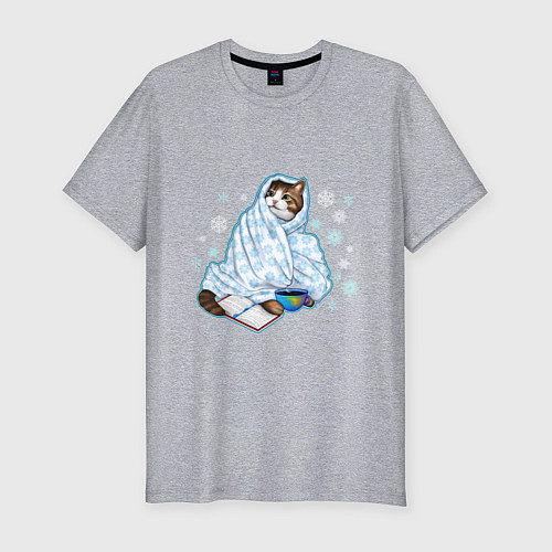 Мужская slim-футболка Зимний кот в одеялке с книгой / Меланж – фото 1