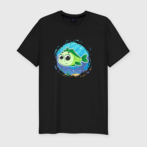 Мужская slim-футболка Мультяшная зелёная рыбка / Черный – фото 1