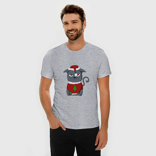 Мужская slim-футболка Недовольный новогодний кот / Меланж – фото 3