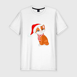 Футболка slim-fit Новогодний рыжий кот, цвет: белый