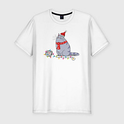 Мужская slim-футболка Кошка Хлоя новогодняя