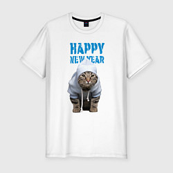 Футболка slim-fit Happy New Year - Прикольный котик, цвет: белый