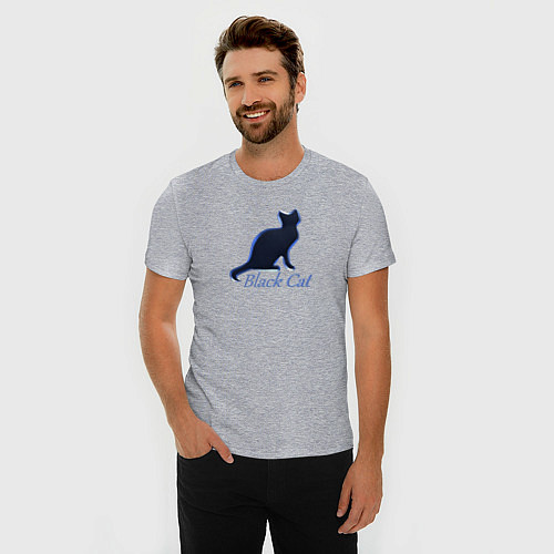 Мужская slim-футболка Черный неоновый кот / Меланж – фото 3