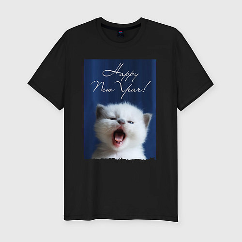 Мужская slim-футболка Happy New Year! Kitten - cutie / Черный – фото 1