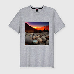 Мужская slim-футболка Горный пейзаж в закате солнца, каменная река
