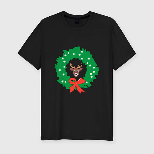 Мужская slim-футболка Рождественский венок с оленем / Черный – фото 1