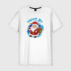 Мужская slim-футболка Мультяшный Санта Клаус с мешком подарков