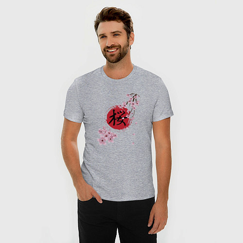 Мужская slim-футболка Цветущая вишня и красный круг с японским иероглифо / Меланж – фото 3