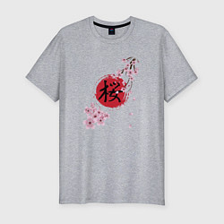 Футболка slim-fit Цветущая вишня и красный круг с японским иероглифо, цвет: меланж