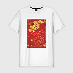 Мужская slim-футболка Китайский иероглиф и золотой кролик на красном