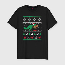 Футболка slim-fit Новогодний тирекс - ugly sweater, цвет: черный