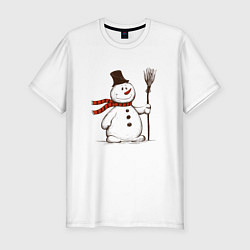 Мужская slim-футболка Новогодний снеговик с метлой