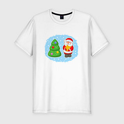 Мужская slim-футболка Мультяшный Санта Клаус с новогодней ёлкой