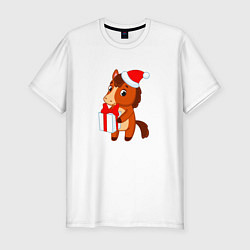 Мужская slim-футболка Мультяшная лошадка в шапке Санты