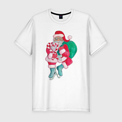 Мужская slim-футболка Санта Клаус с мешком подарков на коньках