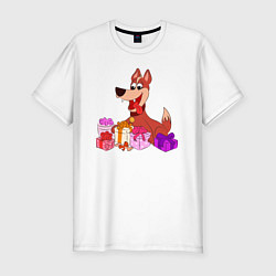 Мужская slim-футболка Собачка с подарками