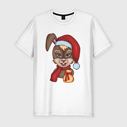 Футболка slim-fit Кролик новогодний в шапке Деда Мороза с подарком, цвет: белый