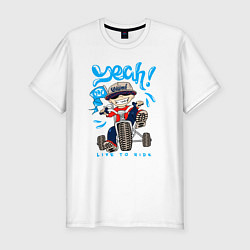 Мужская slim-футболка Мальчик на трёхколёсном велосипеде