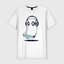 Мужская slim-футболка Прикольный призрак в наушниках
