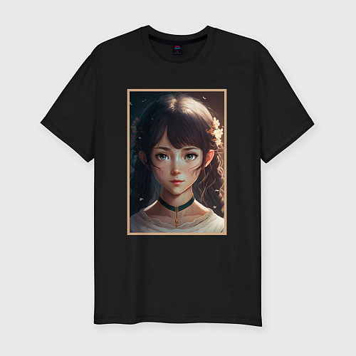 Мужская slim-футболка Прелестная девочка с лепестками цветов / Черный – фото 1